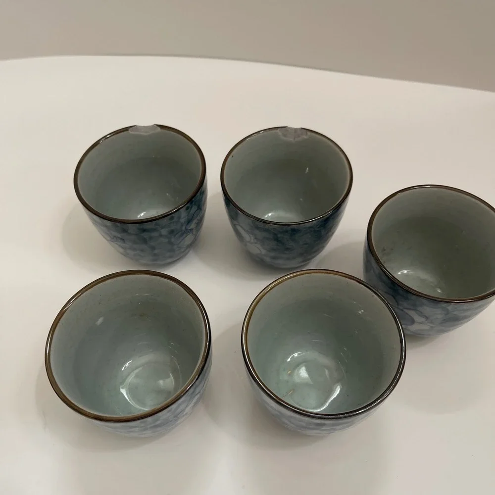 Blue Floral Ceramic Japanese Tea Set Teapot and 5 Cups with Wooden Box